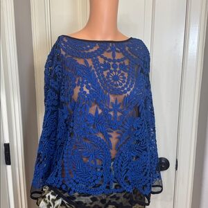 Karen Kane Royal Blue Embroidered Lace Sheer Overlay Boho Top Medium